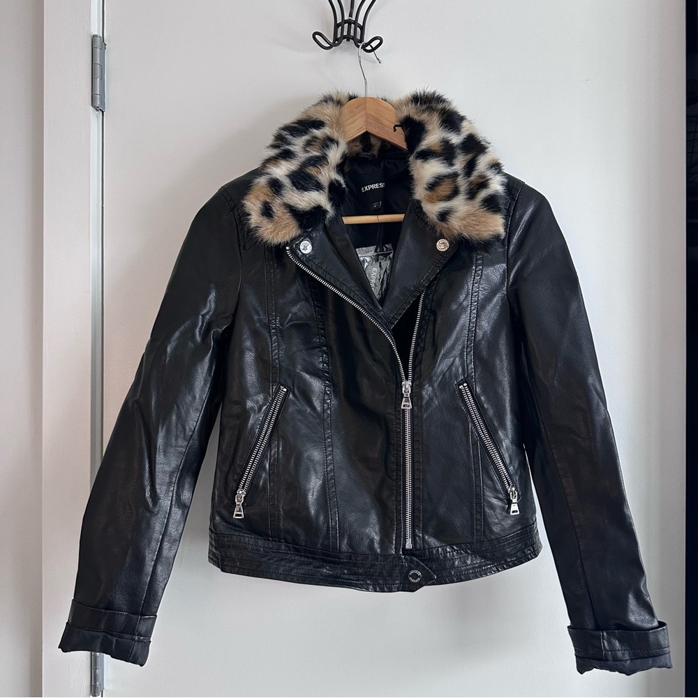 EXPRESS black Vegan Leather jacket size L with detachable neck collar